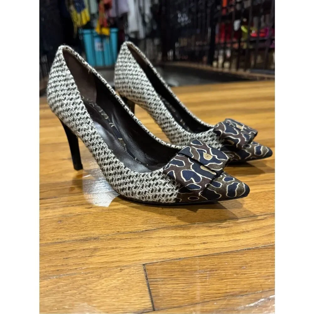 Tory Burch Cleo Tweed and Silk Patterned Bow Woven Pointed-Toe High Heels